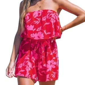 Cupshe NWT Floral Off The Shoulder Ruffle Romper Red Pink XL